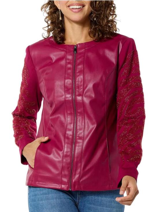 Colleen Lopez Jackets & Blazers - NWT Colleen Lopez Beaded Mesh Sleeve Faux Leather Moto Jacket Size Large